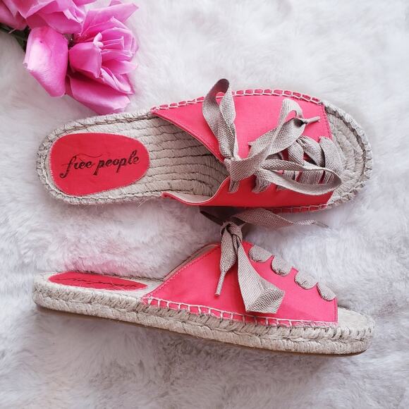 NEW Free People Lolly Lace-Up Espadrille Flat Sandals Coral Red EU 37 US 7 - Picture 1 of 8